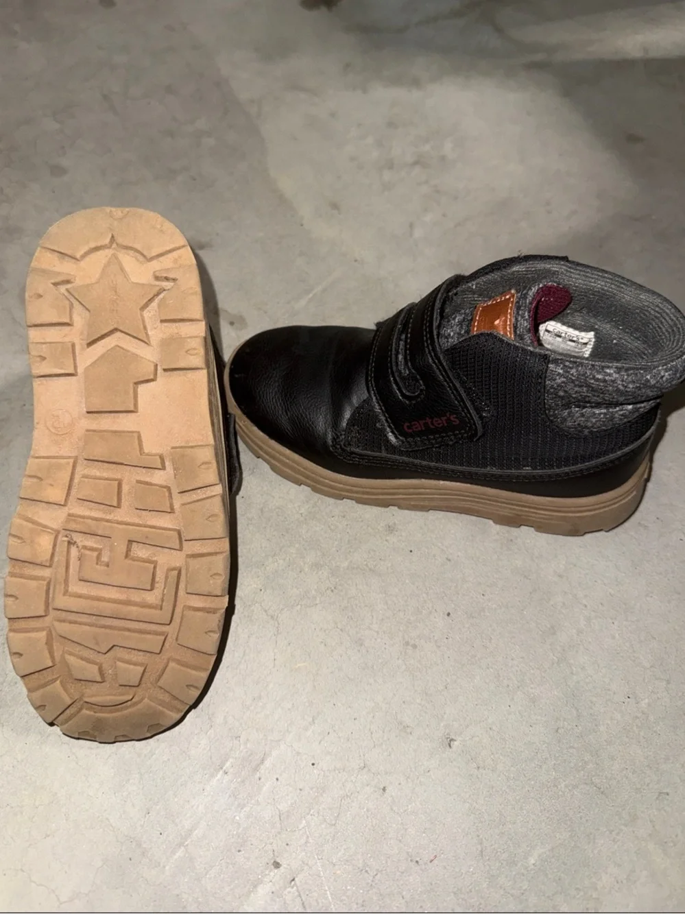 Kids Carter’s Black High-Top Velcro Boots with Brown Sole